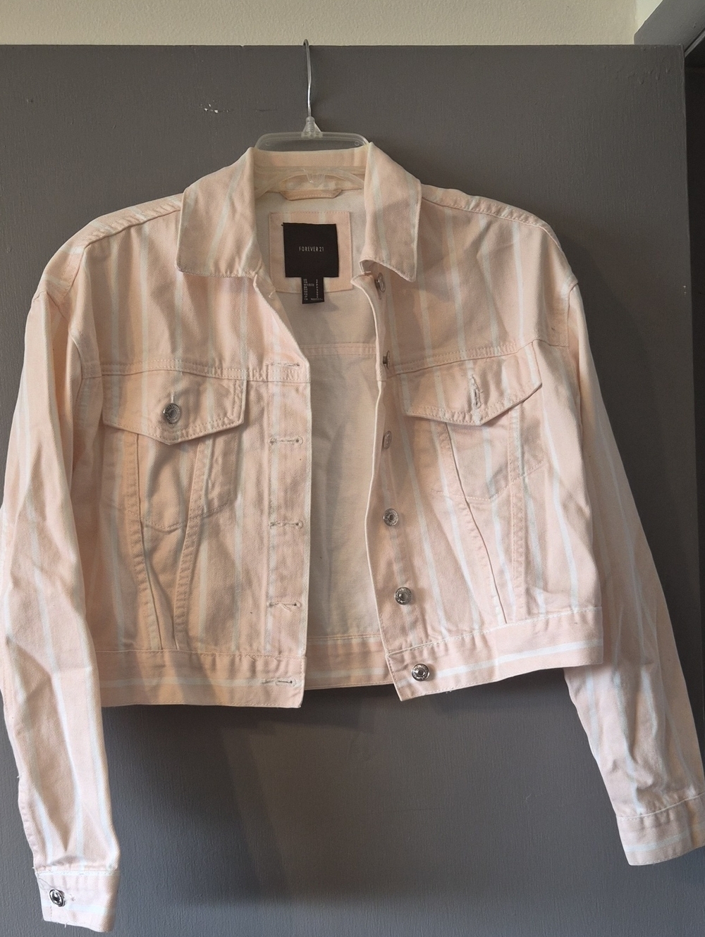 Forever 21 Light Pink Striped Cropped Denim Jacket